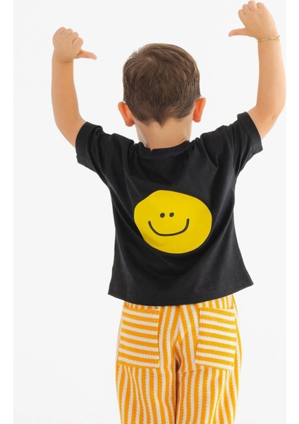 Smile Baskılı Bisiklet Yaka %100 Organik Pamuk T-Shirt Siyah modelleri