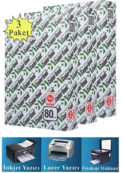 Fotokopi Kağıdı A4 80 gr 500 Lü 3 Paket Copierbond Fotokopi Kağıdı Lazer Inkjet ve Fotokopi Makineleri Için Uyumlu