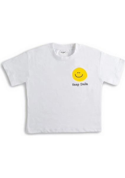 Smile Baskılı Bisiklet Yaka %100 Organik Pamuk T-Shirt Beyaz