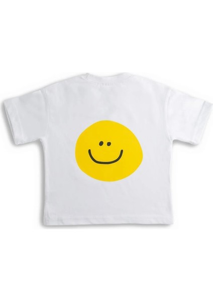 Smile Baskılı Bisiklet Yaka %100 Organik Pamuk T-Shirt Beyaz