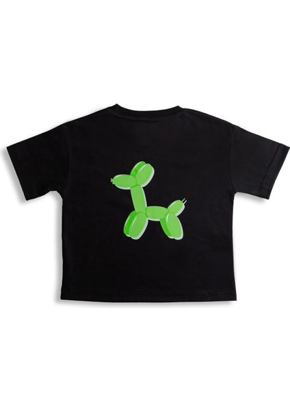 Dog Balloon Baskılı Bisiklet Yaka %100 Organik Pamuk T-Shirt Siyah