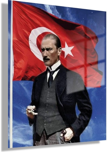 Temperli Gerçek Cam Ofis Tablosu Türk Bayrağı ve Kemal Atatürk