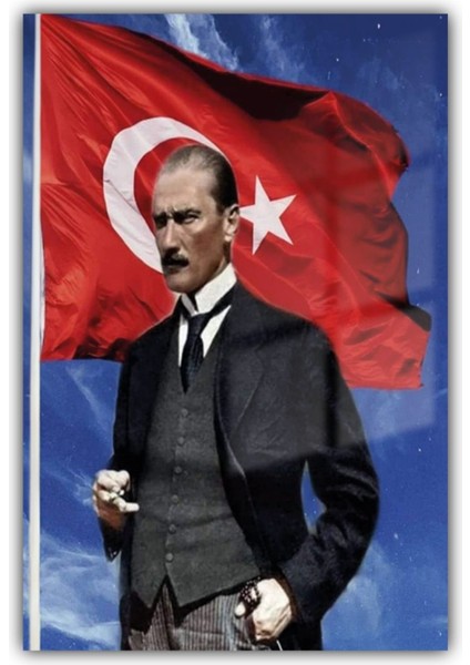 Temperli Gerçek Cam Ofis Tablosu Türk Bayrağı ve Kemal Atatürk fiyatları