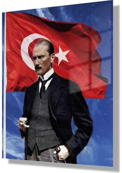 Temperli Gerçek Cam Ofis Tablosu Türk Bayrağı ve Kemal Atatürk modelleri