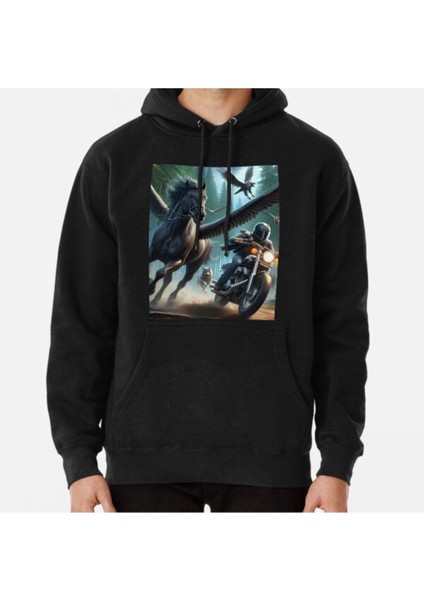 Unisex Racing The Night: A Handsome Rider, A Black Pegasus, And The Hungry Wolves Baskılı Sweatshirt