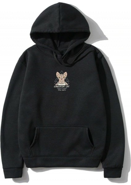 Unisex Kapşonlu Oversize Ganster Cat Siyah Sweatshirt