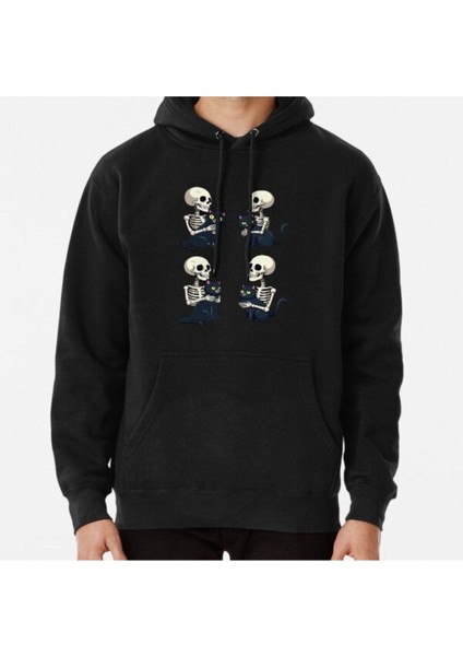 Unisex Skeleton Holding A Cat Men Women Halloween Skull Cat Lover Baskılı Sweatshirt