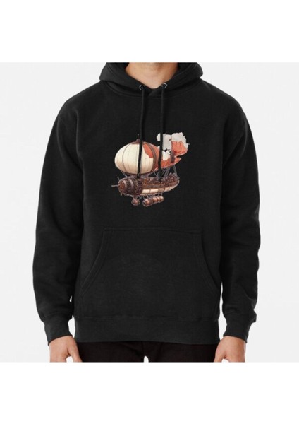 Unisex Steampunk Airship With Red And Cream Balloon Baskılı Sweatshirt