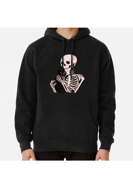 Unisex Skeleton Holding A Cat Men Women Halloween Skull Cat Lover Baskılı Sweatshirt