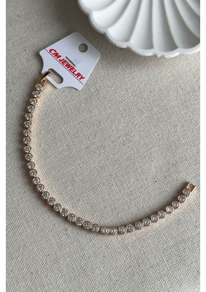 Caprea Pirinç 17 cm cm Jewelry Sıralı Yuvarlak Taşlı Kadın Bileklik Kararmaz Kadın Bileklik