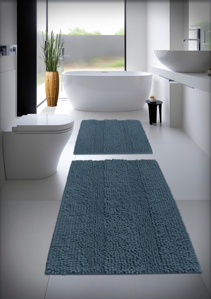 %100 Pamuk Tafting Banyo Paspas Seti, Banyo Halısı Makarna 2 Li Set 60 x 100 cm - 60 x 50 cm