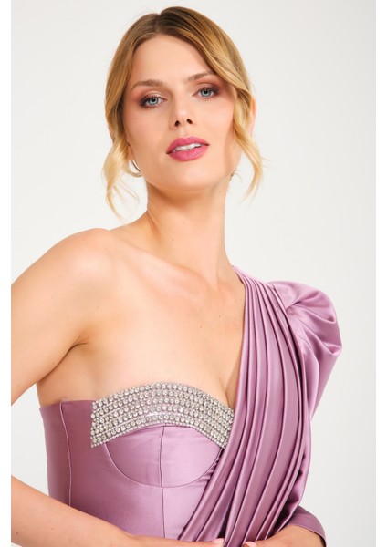 Lila Balon Kollu Önü Drape Detaylı Abiye Elbise