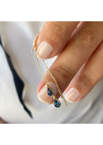 Safir Taşlı Damla Model 14K Altın Zincir Küpe