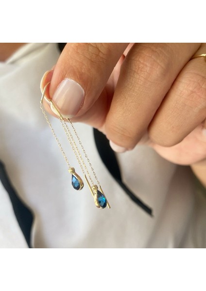 Safir Taşlı Damla Model 14K Altın Zincir Küpe fiyatları