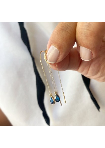 Safir Taşlı Damla Model 14K Altın Zincir Küpe modelleri