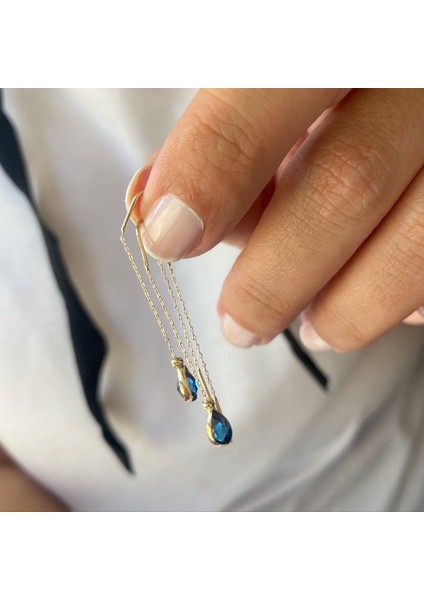 Safir Taşlı Damla Model 14K Altın Zincir Küpe fırsatları