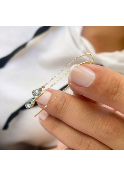 14K Akvamarin Taşlı Altın Zincir Küpe