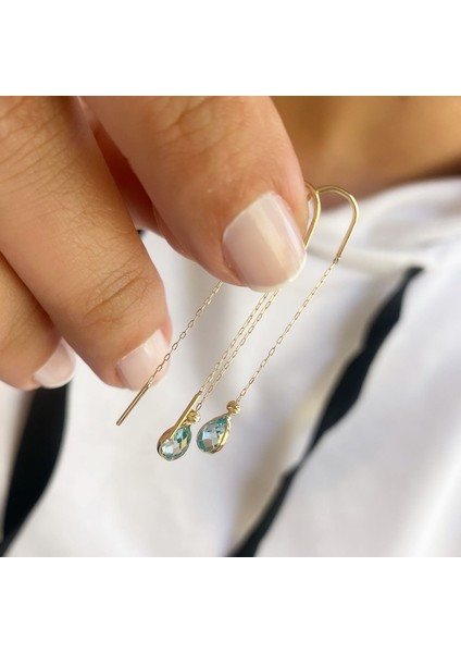 14K Akvamarin Taşlı Altın Zincir Küpe fiyatları