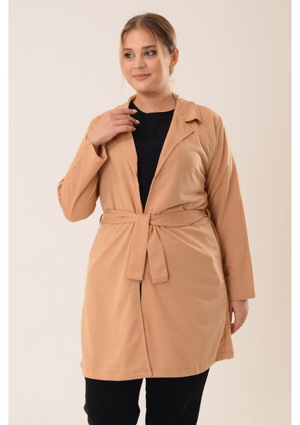 Pınkmark Kadın Camel Kuşaklı Kruvaze Büyük Beden Uzun Ceket PMCK25541