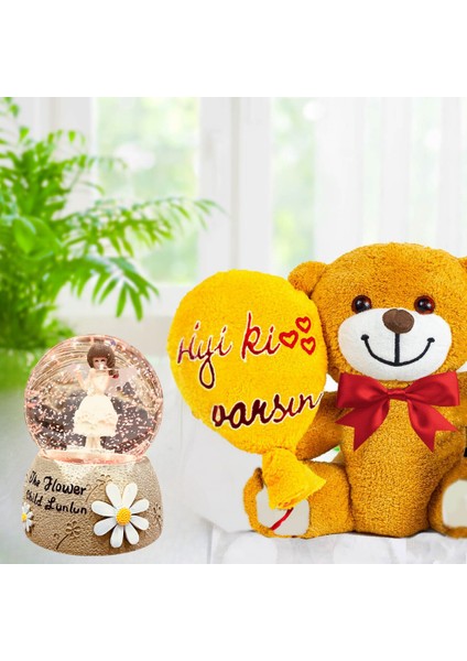 Iyi Ki Varsın Balonlu Peluş Ayıcık & Papatya Kız Renk Değiştiren Işıklı Kar Küresi