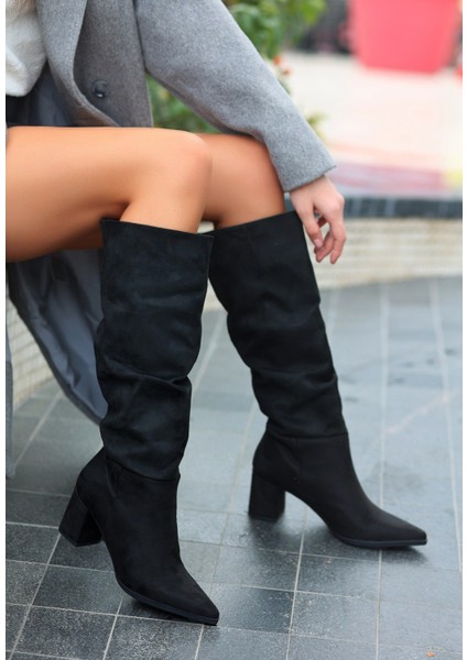 Roksa Siyah Süet Topuklu Çizme modelleri