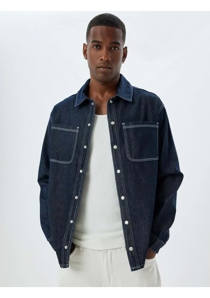 Kot Gömlek Ceket Oversize Cep Detaylı Pamuklu - Koton - 5WAM50011ID - Koyu Indigo - M