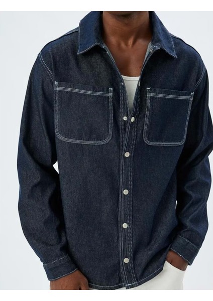 Kot Gömlek Ceket Oversize Cep Detaylı Pamuklu - Koton - 5WAM50011ID - Koyu Indigo - M modelleri
