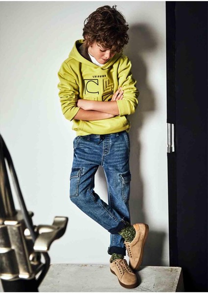 Kışlık Erkek Çocuk Denim Kargo Pantolon - Mavi