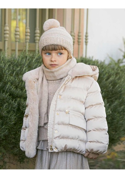 Kışlık Kız Çocuk Saten Mont - Bej