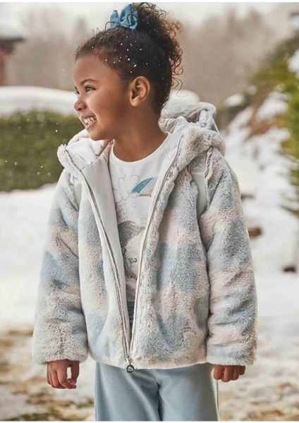 Kışlık Kız Çocuk Gri Çiçek Baskılı Tüylu Mont - Bej