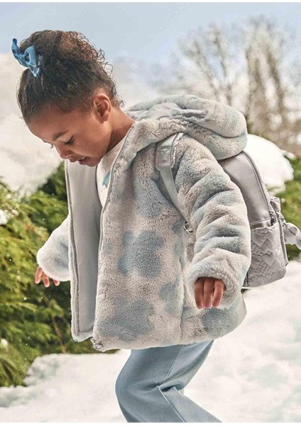 Kışlık Kız Çocuk Gri Çiçek Baskılı Tüylu Mont - Bej fiyatları