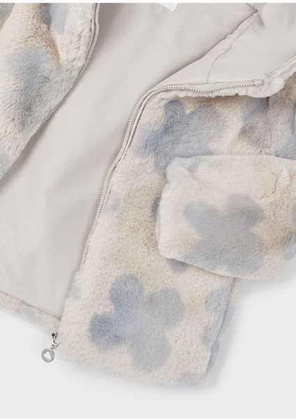 Kışlık Kız Çocuk Gri Çiçek Baskılı Tüylu Mont - Bej fırsatları