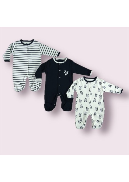 %100 Pamuklu Panda Desen 3'lü Tulum Set-Unisex