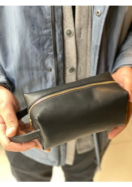 Erkek El Çantası Siyah Hakiki Deri El Yapımı Seyahat ve Kozmetik Çantası