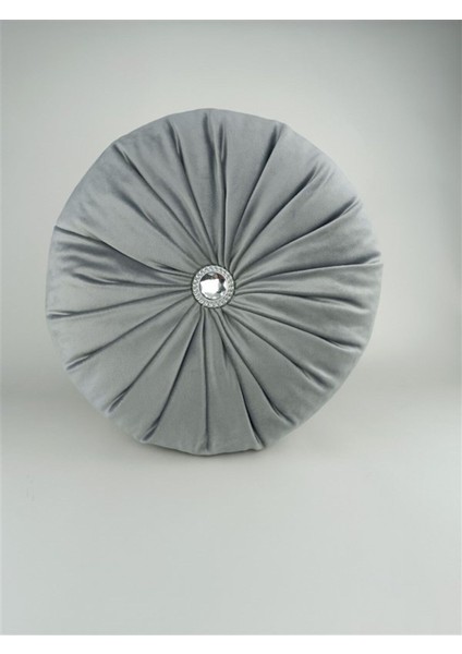 Lux Kadife Yuvarlak Taşlı Yastık Gri