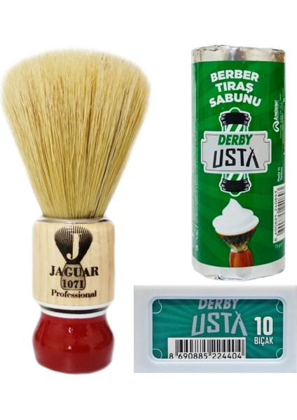 1071 Ahşap Saplı Doğal Kıl Tıraş Fırçası - Derby Usta Tıraş Sabunu - 10'lu Jilet - Klasik Tıraş Seti