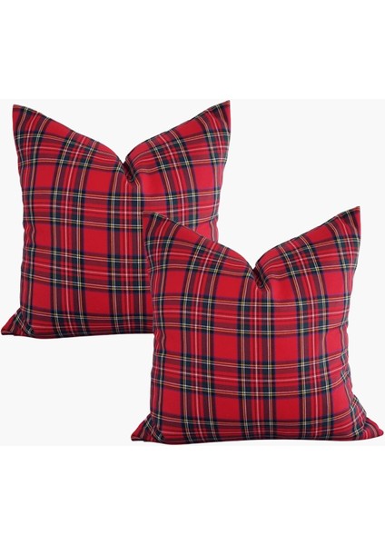 2'Li Kırmızı Ekose Stewart Yılbaşı Temalı Kare Kırlent Kılıfı 43 X 43 Cm,Yumuşak Dokulu,İskandinav,