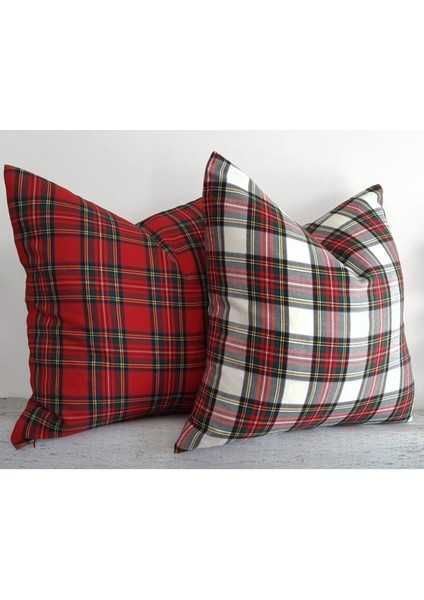 2'Li Kırmızı Ekose Stewart Yılbaşı Temalı Kare Kırlent Kılıfı 43 X 43 Cm,Yumuşak Dokulu,İskandinav, modelleri