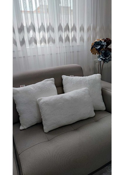 3- Lü Kare Takım Kırlent / Yastık 2 Kenar Ekru / 1 Orta Ekru ( 42cm / 42cm)-(50cm / 30cm)