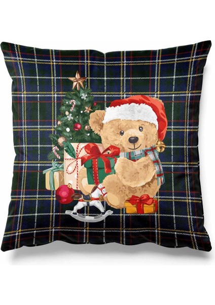 Tekli Ekose Zeminde Teddy Christmas Desenli Çift Tarafı Baskılı Süet Kırlent Kılıfı Yılbaşı