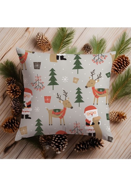 Gri Noel Baba Geyik Yılbaşı Temalı Dijital Baskılı Kırlent Yastık Kılıfı