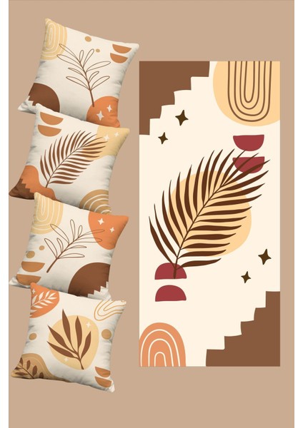Bohem Temalı Bohem Boho Art Design Kahverengi Krem Renklerde 4'Lü Kırlent Kılıfı Ve Runner Seti