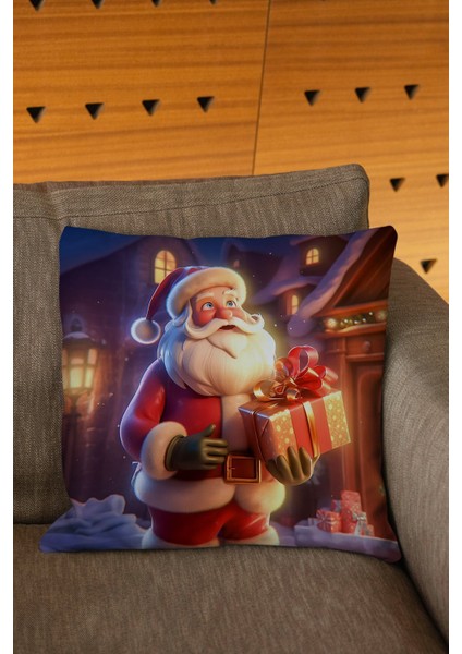 Yılbaşı Temalı Kutulu Noel Baba Figürlü Kırmızı Mavi Renkli Dijital Baskılı Kırlent Kılıfı