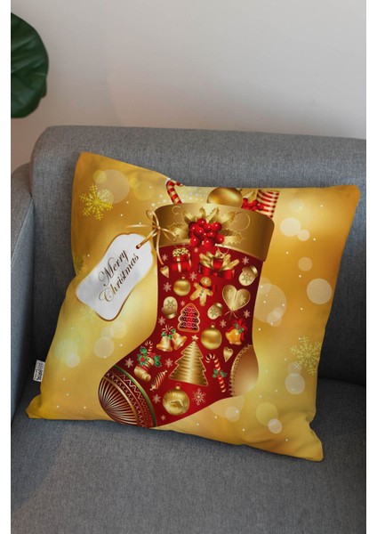 Yılbaşı Temalı Kırmızı Sarı Renkli Noel Çorabı Merry Christmas Dijital Baskılı Kırlent Kılıfı fiyatları