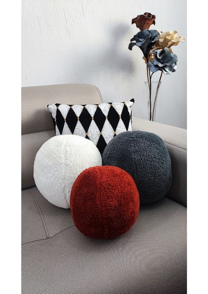 3- Lü Top Kırlent / Yastık 1 Büyük Ekru/ Yastık 1 Büyük Antrasit / 1 Küçük Kiremit ( 42cm / 25cm)