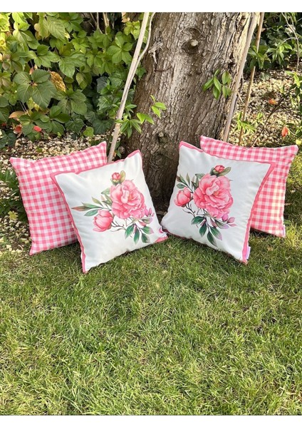 Pink Rose & Ekose Yastık Kılıfı 4'Lü