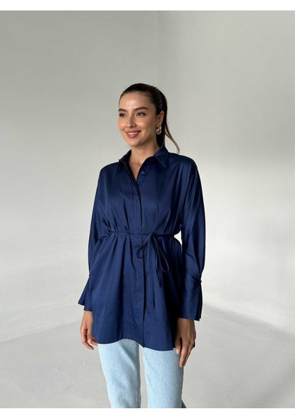 Kolu Düğme Detaylı Poplin Gömlek Lacivert