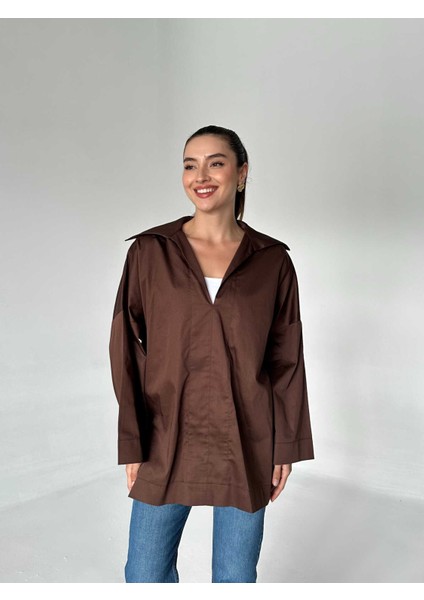 V Kesim Polo Yaka Poplin Gömlek Acı Kahve