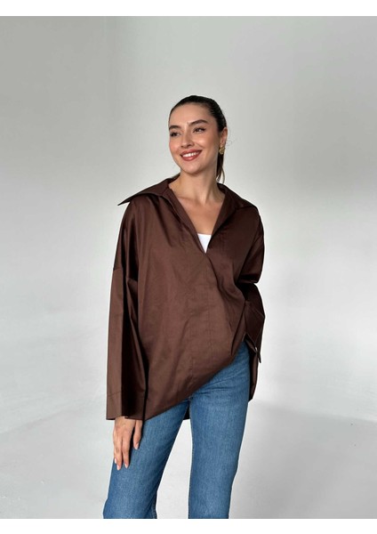 V Kesim Polo Yaka Poplin Gömlek Acı Kahve fiyatları