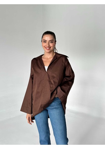 V Kesim Polo Yaka Poplin Gömlek Acı Kahve modelleri
